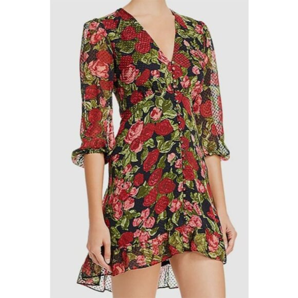 The Kooples Painted Rose Silk Floral Swiss Dot Dress Sz 2 Medium - Picture 2 of 10